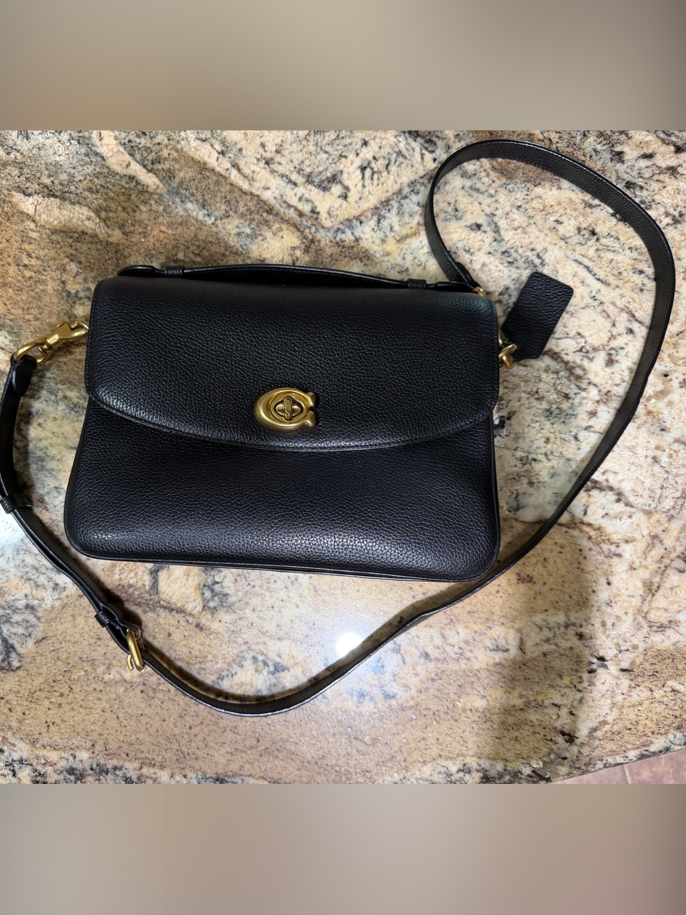 Coach Black Pebbled Leather Crossbody with Gold Turnlock Accent